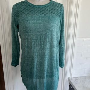 Anthropologie Moth teal linen top, with delicate crochet work, size medium.